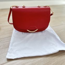 Lulu Guinness Red Leather Lips Clutch Crossbody Bag Gold Chain Striped Lining