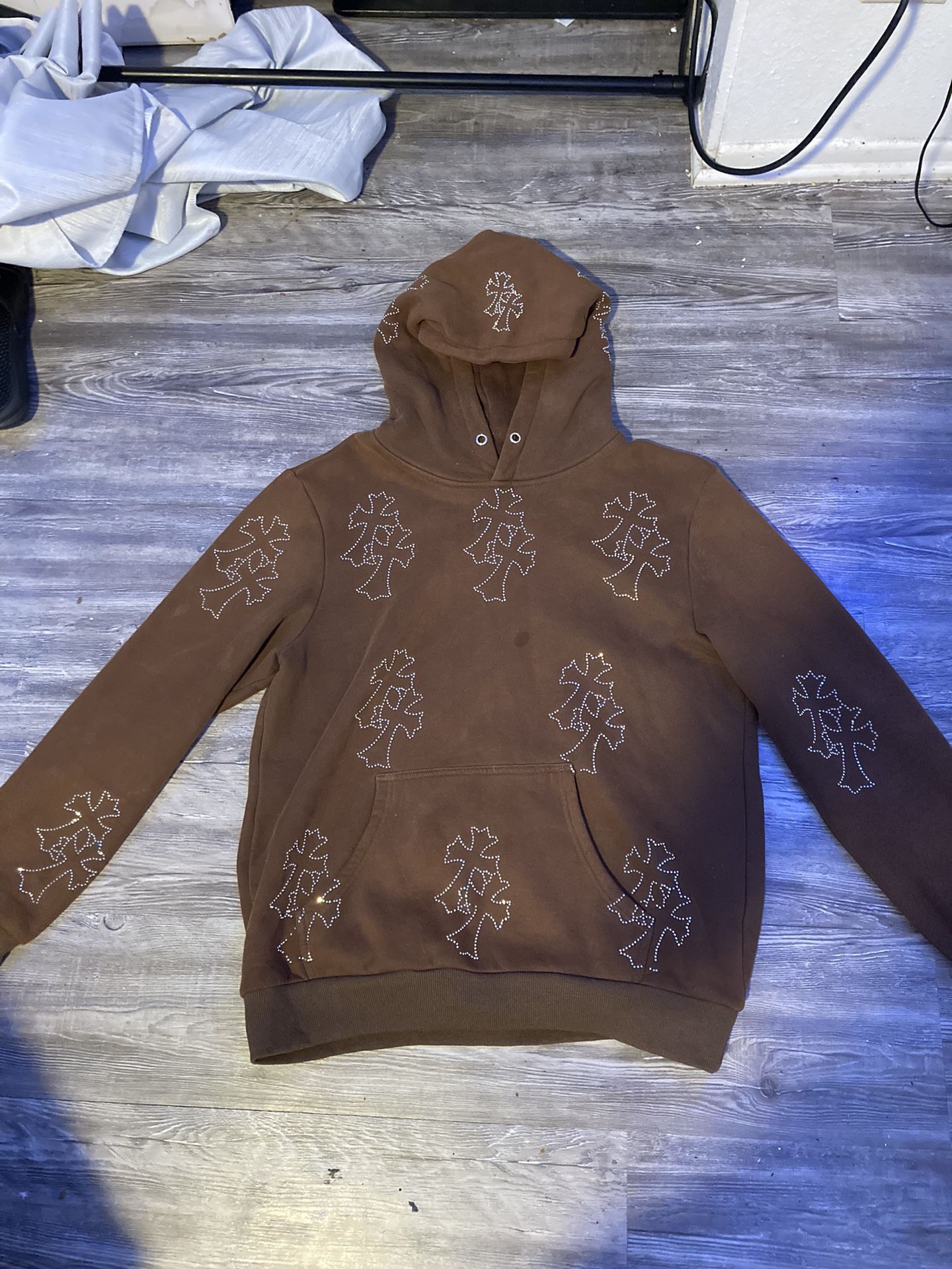 No Owners Brown Rhinestone Cross Hoodie 