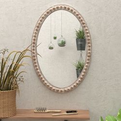 Distressed Wood Frame Accent Mirror, Rustic Farmhouse Style Decorative Wall Mirror (Oval)