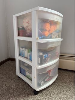 Multipurpose runners -  2 - Plastic 3-Drawer Storage Cart and  1 - Wood Grain 2-Drawer Cabinet