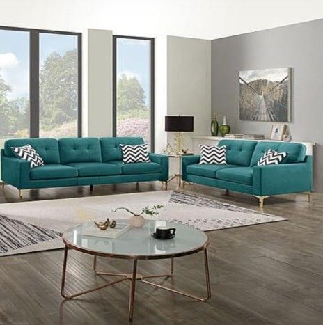 ✅️✅️2 pc teal blue velvet fabric sofa and love seat set with