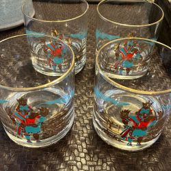 Vintage Couroc Hopi Kachina Lowball Drink Rocks Glasses MCM Cocktail Tumbler