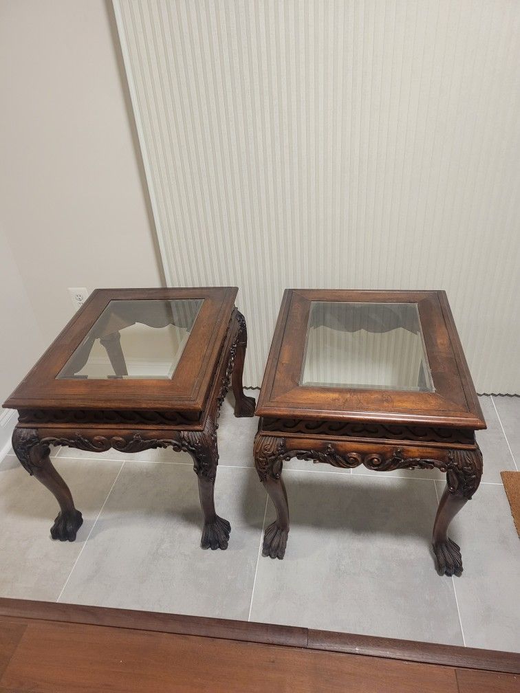 Traditional Carved Mahogany Wood End Tables with Glass Top and Claw Feet (2)