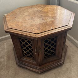 Vintage Octagon Wood Side Table with Built In Cabinet