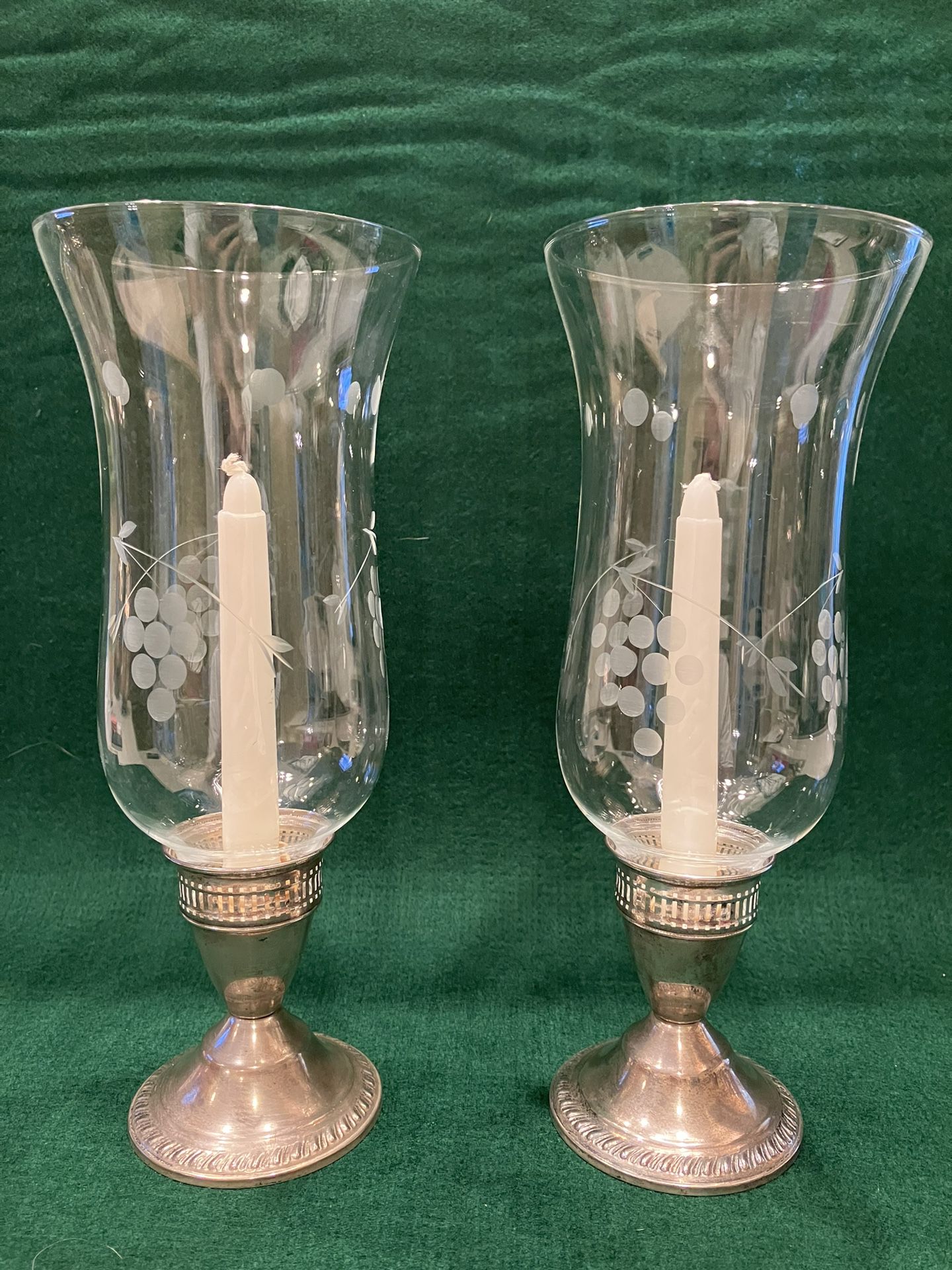 Sterling Silver Hurricane Candleholders With Delicate Etched Glass Chimney
