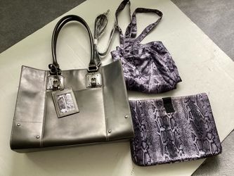 NEW 3 Pcs. Wilson Leather Large Tote Laptop Bag Padded Briefcase Pewter Gray