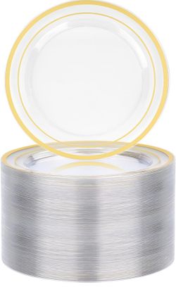 BESTVIP 100PCS 7 Inch Clear Plastic Dessert Plates, Small Disposable Salad Plate with Gold Rim, Heavy Duty Plastic Small Cakes Plates for Party, Weddi