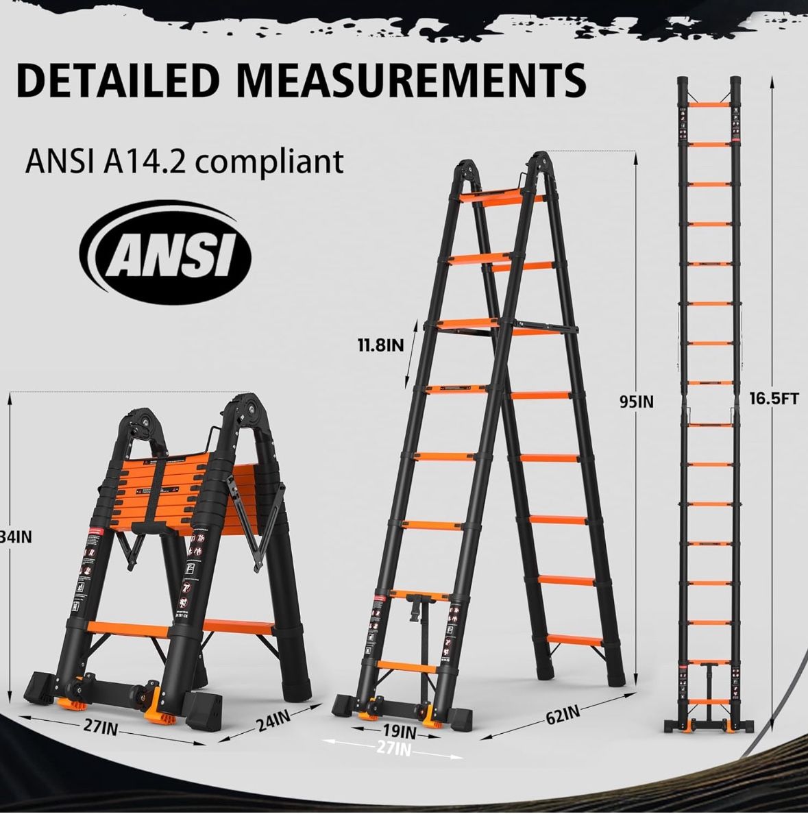 16.5 FT Telescoping A Frame Ladder, 8 Step, ANSI Certified, Type I Heavy Duty, 330lbs Max Capacity, Aluminum Extension Ladder for Home, Roof, RV; Oran