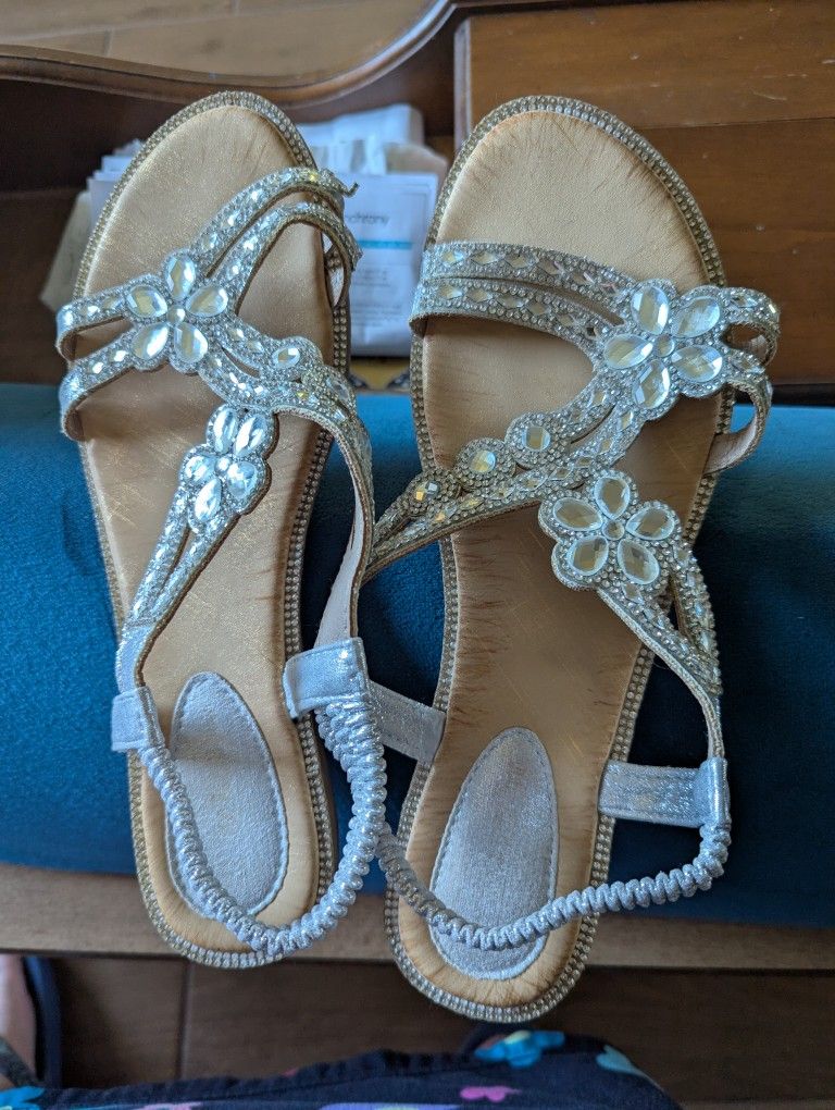 Silver Dressy Shoes/Sandals With Matching Handbag