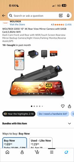 Wolfbox G930 10" 4K Rear View Mirror Dash Cam