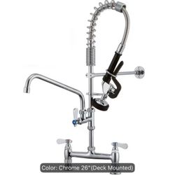 Commercial Wall-Mounted Kitchen Faucet Brass Construction Polished Chrome Pre-Rinse Sprayer 25" Height 8" Center with Coiled Spring Pull-Down Sprayer 
