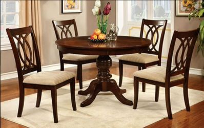 Brand New Brown Cherry & Beige 5pc Formal Dining Table Set