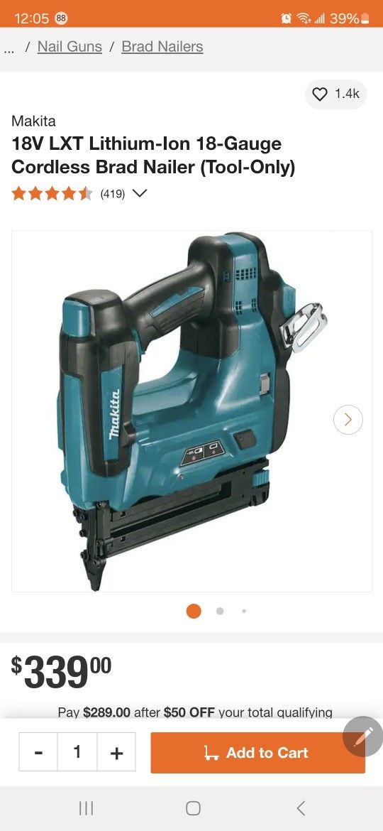 /Nail Guns/Brad Nailers
Makita
18V LXT Lithium-Ion 18-Gauge Cordless Brad Nailer (Tool-Only)