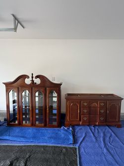 Antique wood drawer cabinet with hutch 2-piece set