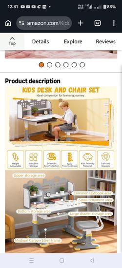 Kids Study Desk and Chair Set - Height Adjustable Study Writing Table with Bookstand and Storage Drawer, Child School Study Writing Table Ergonomic Wi