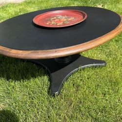 Oval Black Chalk Paint & Stained Solid Wood Coffee Table Circa 1973
