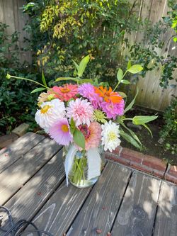 Homegrown Organic Flower Arrangement with Vase - Dahlias Cosmos and Zinnias