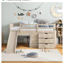 Twin size bed with slide and drawer