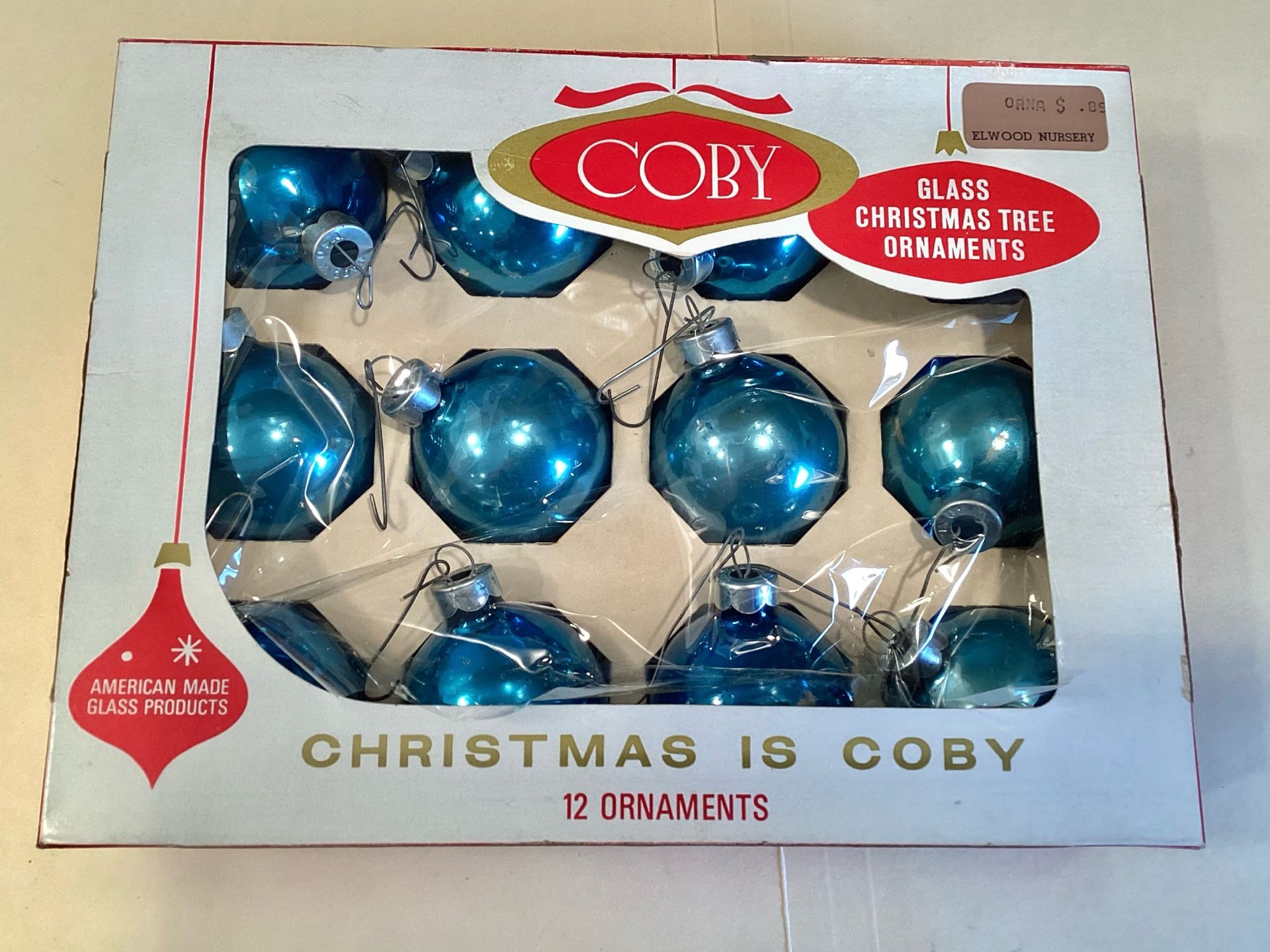 Vtg. 1960s Coby Glass Products Co. Blue Glass Christmas Ornaments Box of 12