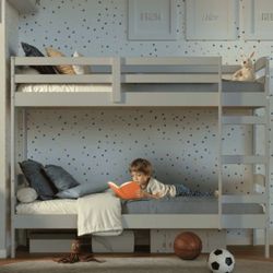 Brand New Gray Wooden Twin Over Twin Bunk Bed