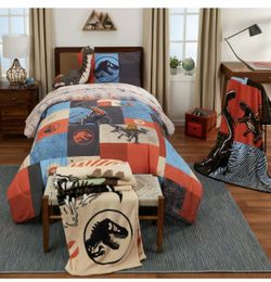 Jurassic World Kids 2 Piece Blue Orange Reversible Dinosaur Comforter and Pillowcase set, Twin/full