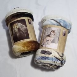 NEW~  Lot of 2 ~ Sherpa Fleece Throw Blanket WOLF WOLVES MOON 50" x 60" ~ Cabin