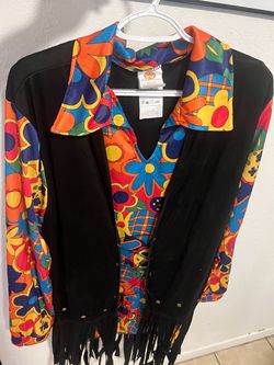 70's men's hippie top with wig, glasses and peace sign necklace