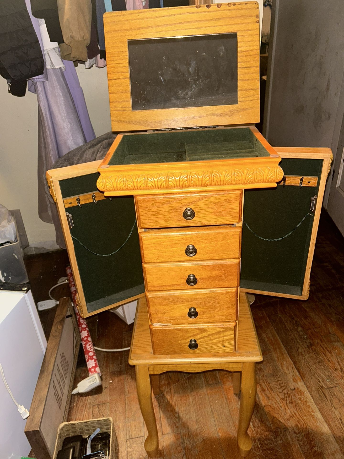 Vintage Powell Solid Wood Mirrored Jewelry Armoire Cabinet Box Furniture Stand