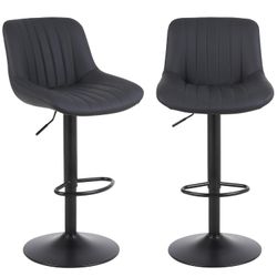  Bar Stools Set of 2, Swivel Counter Height Barstools with Back, Adjustable PU Leather Bar Chairs, Modern Armless Kitchen Island Stool, Black 