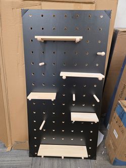 Black Pegboard Wall Organizer with Wooden Shelves
