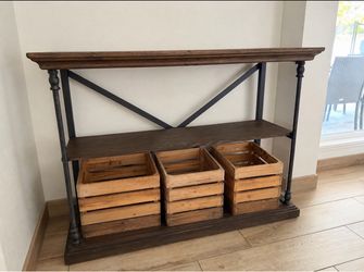 Rustic Industrial Console Table with Crate Storage