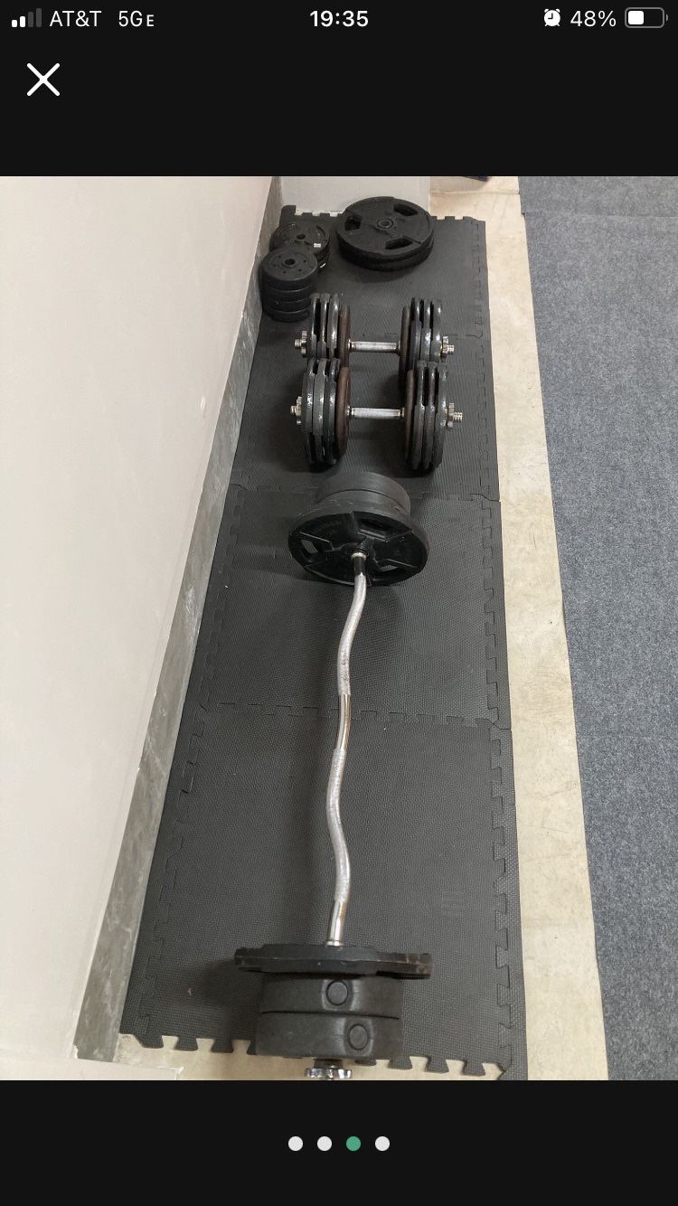 Curl Bar. Adjustable Dumbbells. Weights