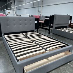 Queen Size Grey Tufted Bed With Orthopedic Mattress 
