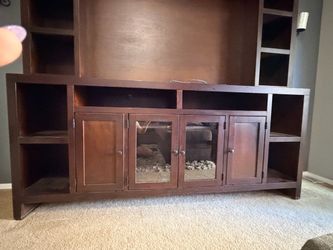 Dark Wood TV Stand with Glass Cabinet Doors
