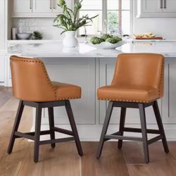 26 in. Wood 360 Free Swivel Upholstered Bar Stool with Back, Performance Fabric in PU Brown.(Set of 2)