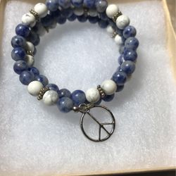 Sodalite Semiprecious Gemstone Wrap Bracelet With Peace Charm