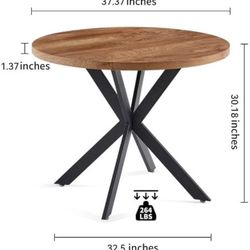 37.37'' Round Dining Table Small Wood Kitchen Table for 2-4, Modern Mid-Century Farmhouse Dinner Table with Black Metal Leg for Dining Room Kitchen Li