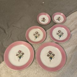 RARE Antique BURGESS & CAMPBELL 1890’s 6-piece Ironstone China Set - Pink Floral Pattern WARRANTED SUPERIOR