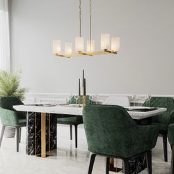 Quoizel Vista Luxe 6-Light Linear Chandelier Nouveau Gold w/ White Glass Shades