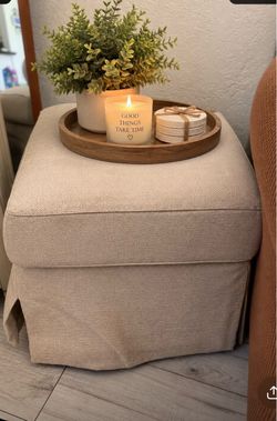 Beige Upholstered Storage Ottoman with Skirt