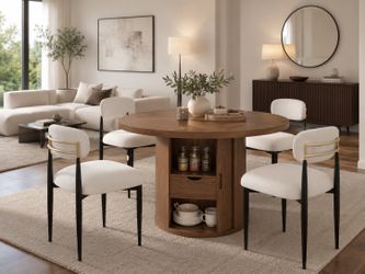 Dining Table and Chair set of 5, 47" Round Dining Table With Stronge Drawer, with 4pcs Boucle Upholstered Dining Chairs