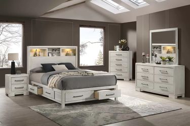 Queen 4 Piece Bedroom Set - Queen Storage Bed, Nightstand, Dresser & Mirror