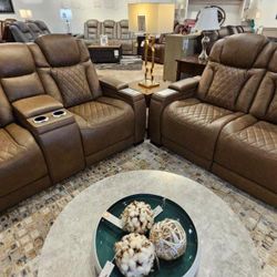 Real Leather Power Reclining Sofa Couch