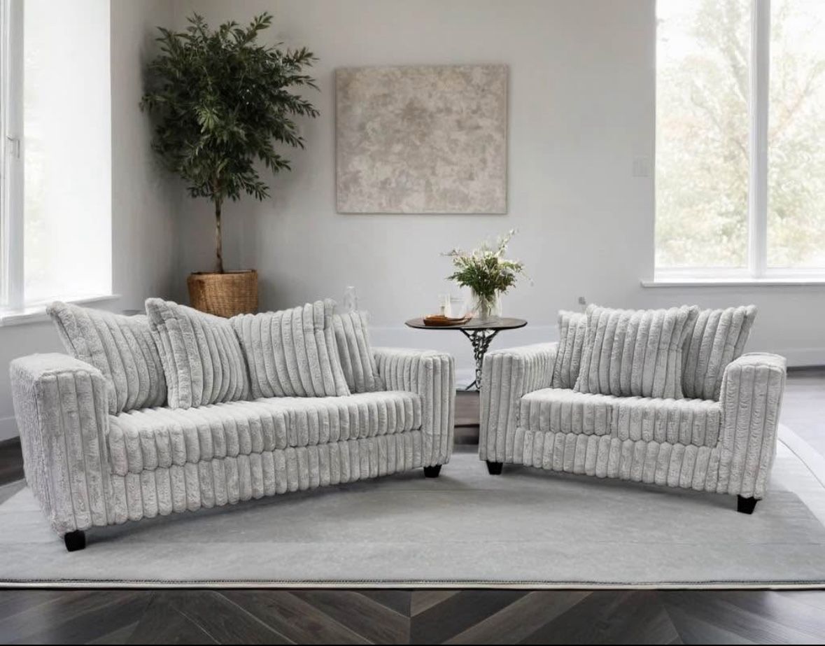 NEW IN BOX- 2PC Grey Comfy Fabric Sofa and Loveseat Set FINANCE Available $54 down
