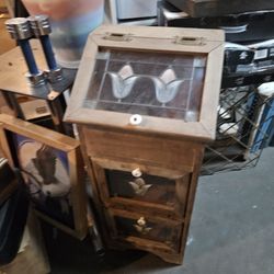 Vintage Potato Garden Bin Storage Wood Cabinet Stained Glass Rare 