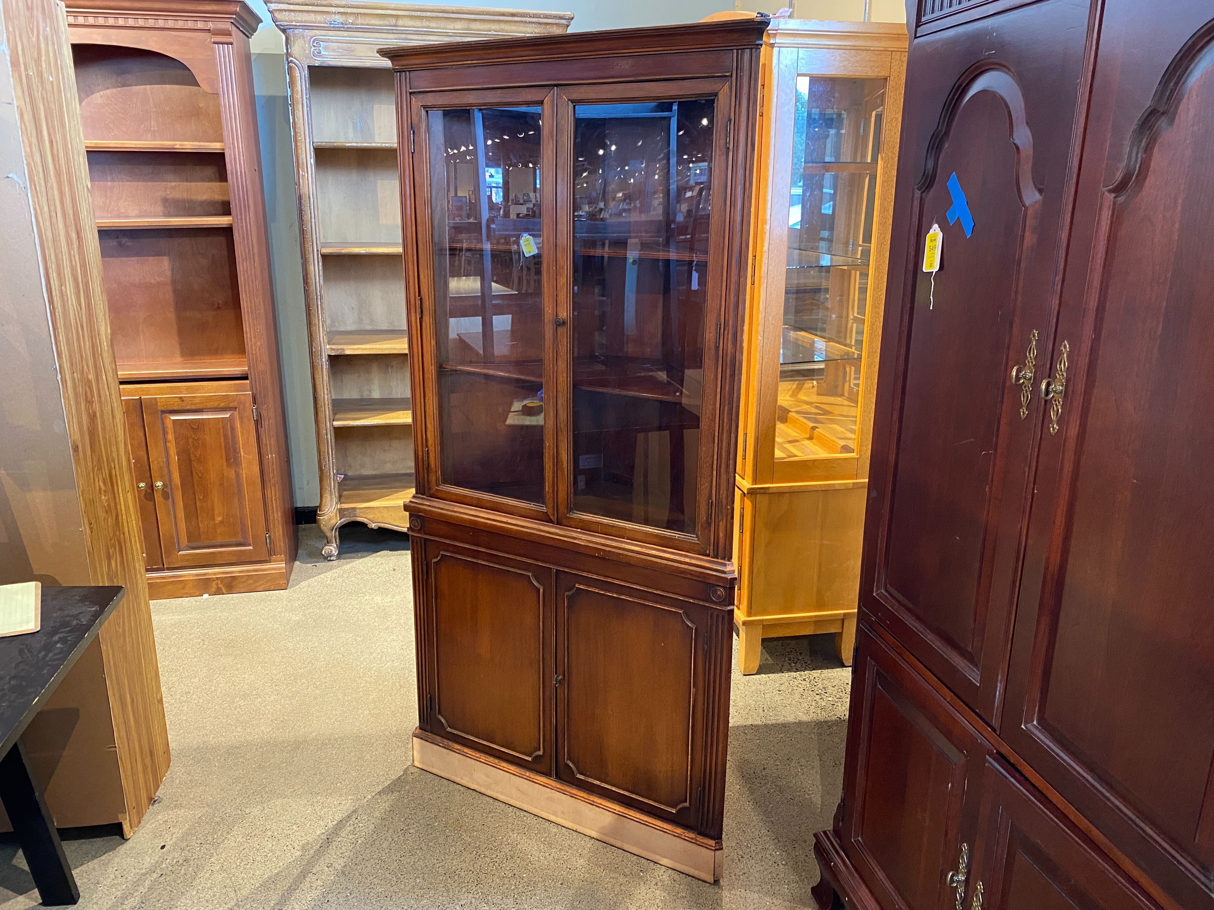 Vintage Wooden Corner Hutch with Glass Doors