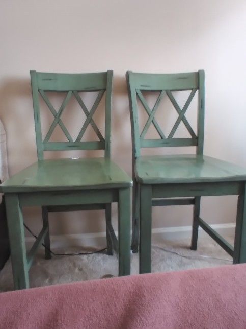 2 Green Bar Stools , Distressed Paint, Very Lovely