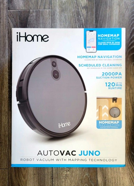 iHome AutoVac Juno Robot Vacuum, Mapping Technology, Strong Suction, 120 Min Runtime, App + Remote Control, (BRAND NEW FACTORY SEALED)