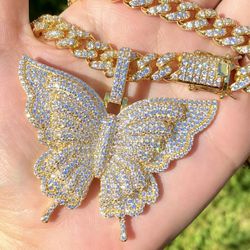 Women’s 16” Miami Cuban Link Chain Necklace, 14K Gold 5X Layered Chain, Butterfly Necklace, CZ Diamond, Butterfly Choker, ICY Necklace, Chain 