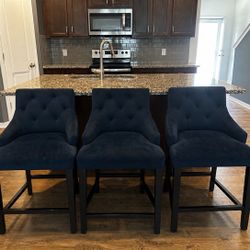 Set of 3 Navy Blue Upholstered Bar Stools / Counter Chairs